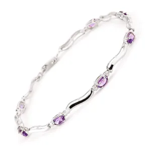 14K Solid White Gold Tennis Bracelet w/ Diamonds & Amethyst