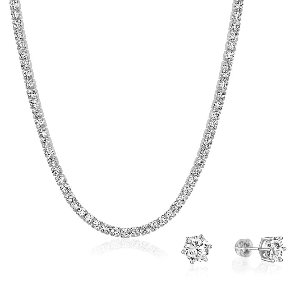 5A Cubic Zirconia Tennis Necklace and 7mm Stud Earrings Set (Rhodium)