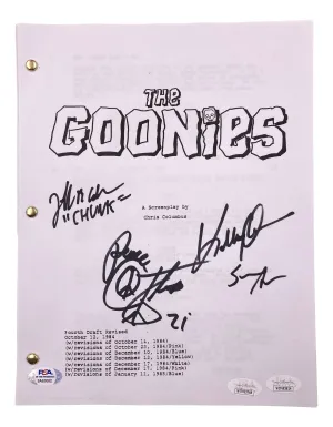 Astin Feldman Cohen Huy Quan Signed The Goonies Script Peace Insc JSA PSA 082