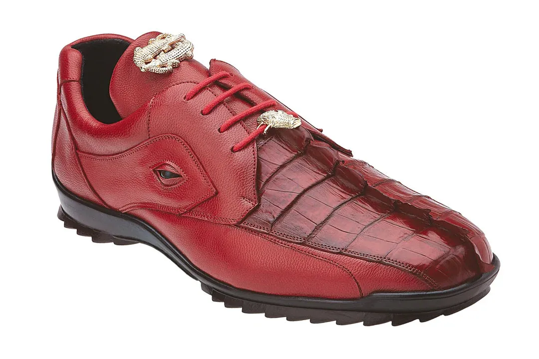 Belvedere Lace-Up Red Vasco Men's Sneakers Hornback Crocodile and Calfskin Genuine Leather