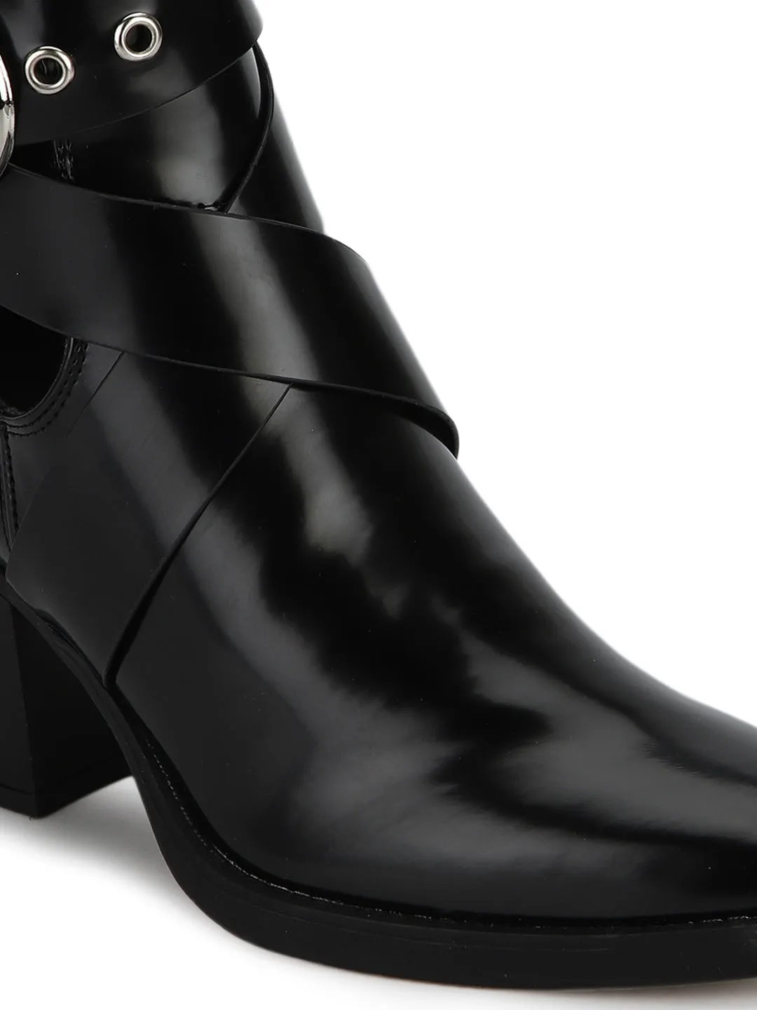 Black Box Ankle Buckle Belt Block Heel Ankle Boots