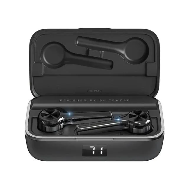 BlitzWolf FYE6 Wireless Bluetooth In-Ear Earphones w/Long Handle, LED Display, IPX6 Waterproof and Graphene Portable Charger Carry Case for Samsung, Apple, Android