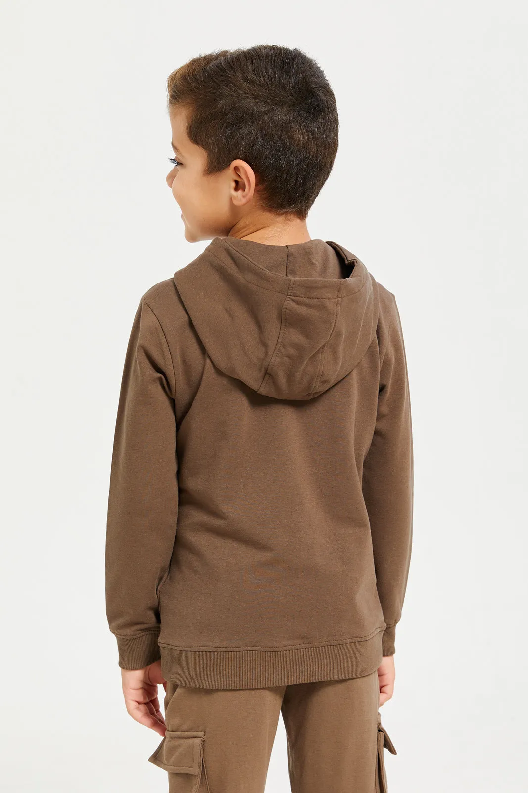 Boys Brown Printed Hooded Sweatshirt