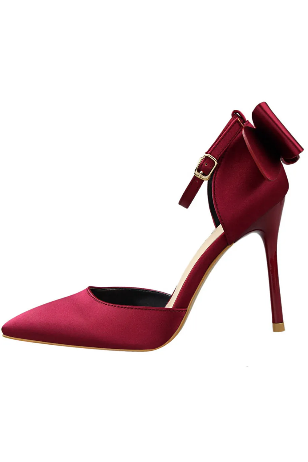 Burgundy Satin Stiletto Heel Closed Toe Pumps Wedding Party shoes with Bunkle