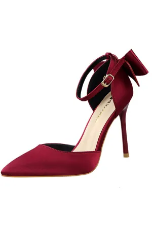 Burgundy Satin Stiletto Heel Closed Toe Pumps Wedding Party shoes with Bunkle