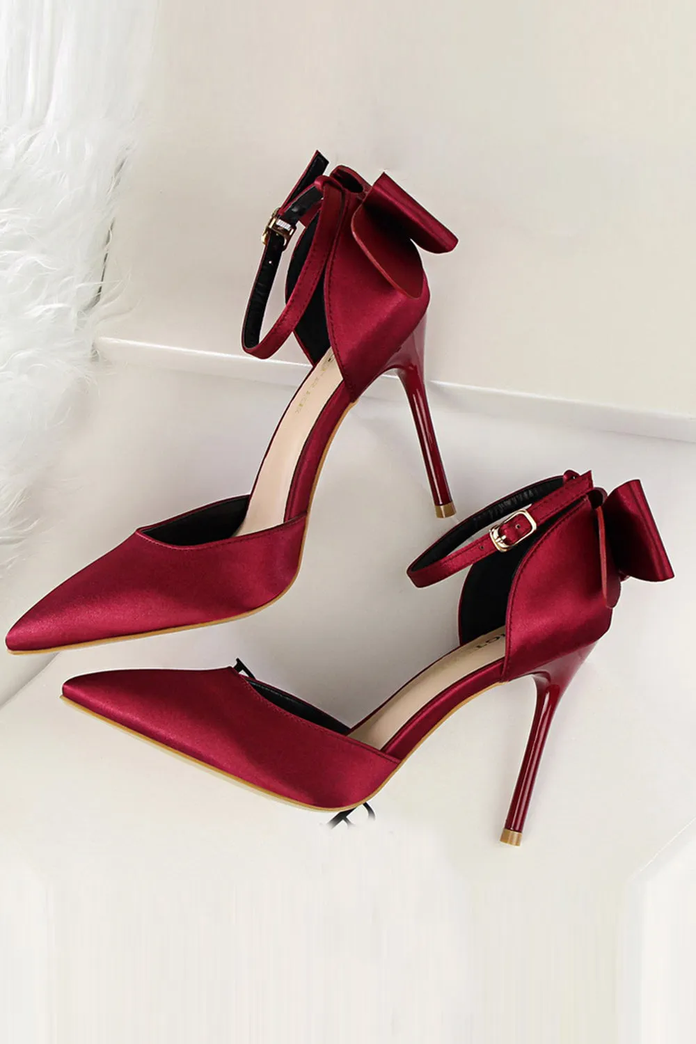 Burgundy Satin Stiletto Heel Closed Toe Pumps Wedding Party shoes with Bunkle