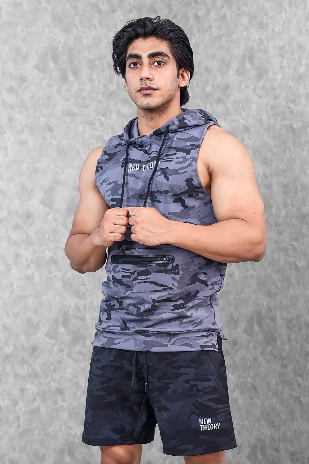 Camo Sleeveless Hoodie- Grey