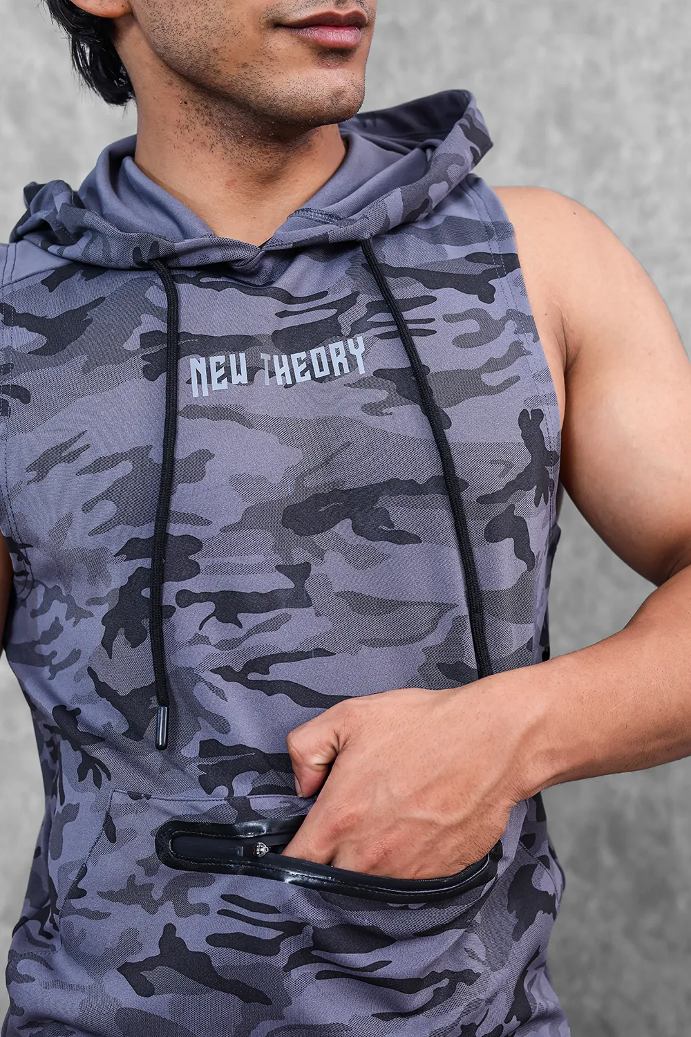 Camo Sleeveless Hoodie- Grey