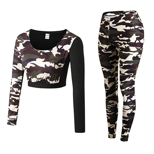 Camouflage Fitness Yoga Workout Set Crop Top Long Sleeve Shirt   Legging