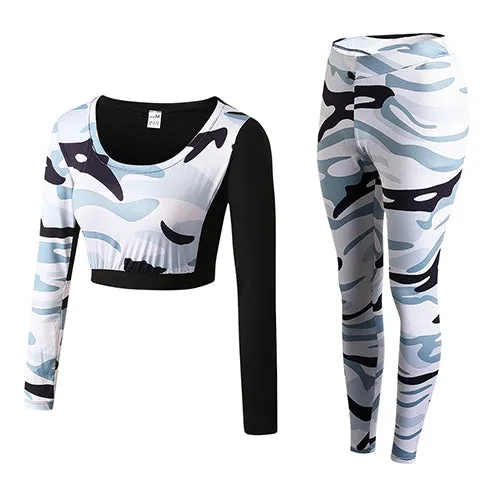 Camouflage Fitness Yoga Workout Set Crop Top Long Sleeve Shirt   Legging