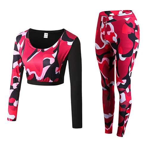 Camouflage Fitness Yoga Workout Set Crop Top Long Sleeve Shirt   Legging