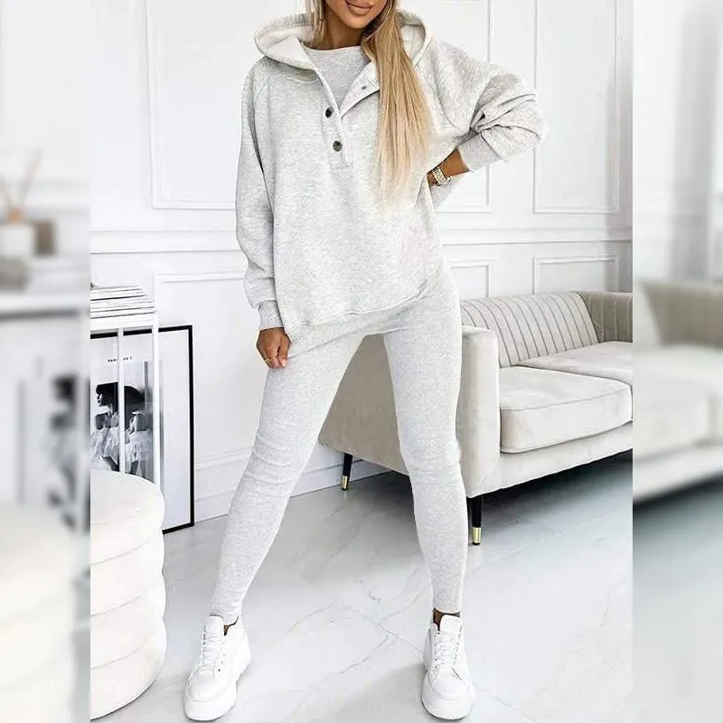 Casual Snap Buttoned Hoodie And Legging Three Piece Set