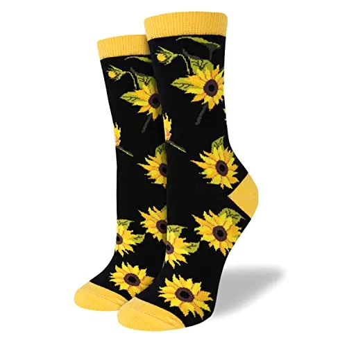 Christmas Gift Womens Gils Novelty Funny Funky Crew Socks Colorful Crazy Cute Floral Animal Food Patterned Cotton Dress Socks Gifts (3 Pair- Sunflower)