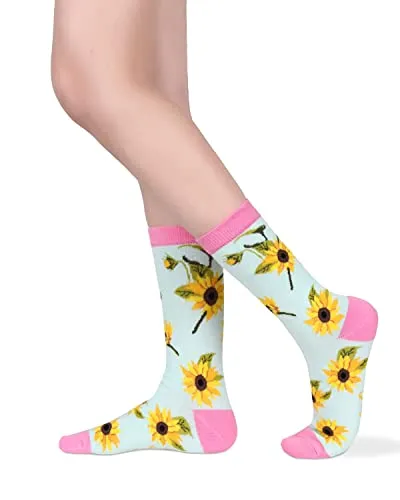 Christmas Gift Womens Gils Novelty Funny Funky Crew Socks Colorful Crazy Cute Floral Animal Food Patterned Cotton Dress Socks Gifts (3 Pair- Sunflower)