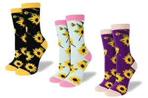 Christmas Gift Womens Gils Novelty Funny Funky Crew Socks Colorful Crazy Cute Floral Animal Food Patterned Cotton Dress Socks Gifts (3 Pair- Sunflower)