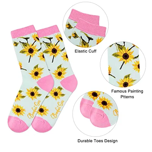 Christmas Gift Womens Gils Novelty Funny Funky Crew Socks Colorful Crazy Cute Floral Animal Food Patterned Cotton Dress Socks Gifts (3 Pair- Sunflower)