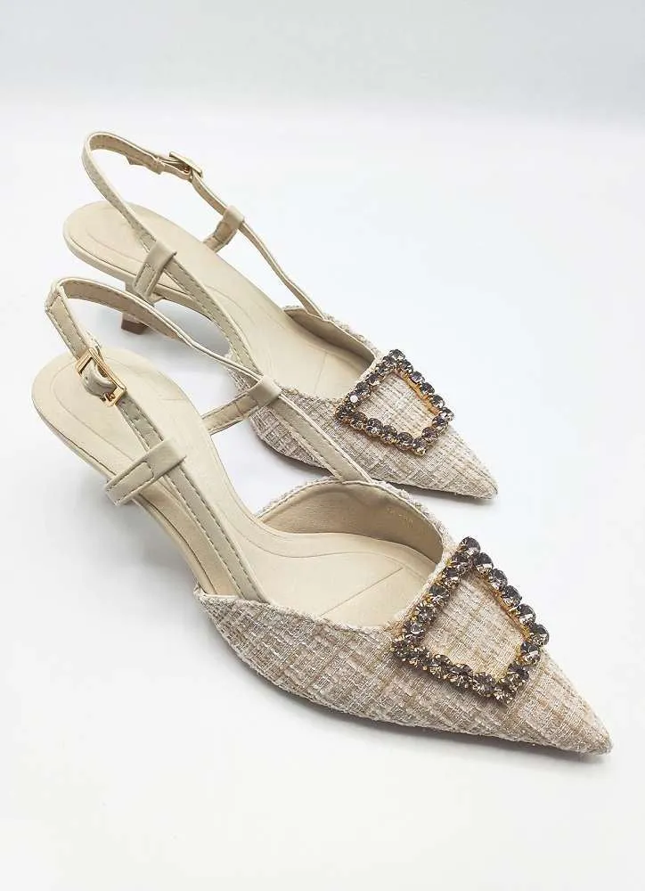 Clarrine Diamante Brooch Detail Pointed Toe Court Shoes in Nude