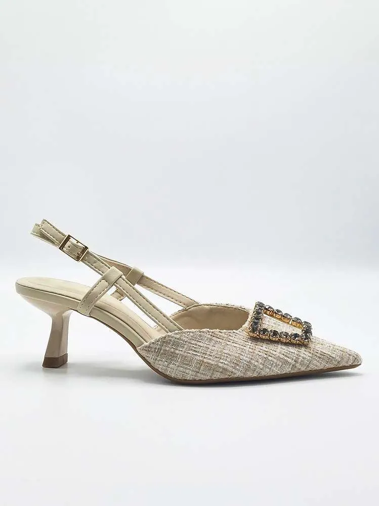 Clarrine Diamante Brooch Detail Pointed Toe Court Shoes in Nude