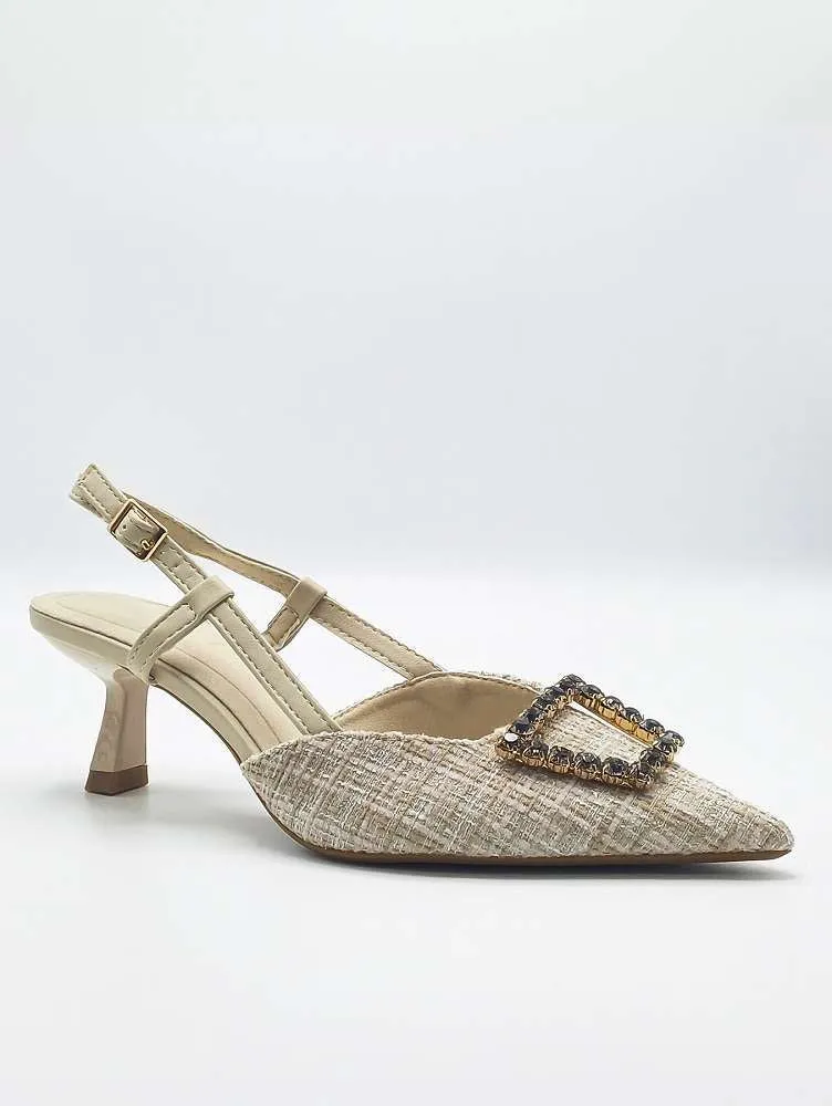 Clarrine Diamante Brooch Detail Pointed Toe Court Shoes in Nude