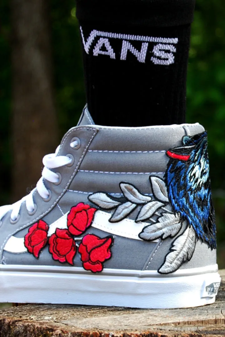 Custom Embroidered Frost Grey Wolf Rose Vans Sneakers Shoes