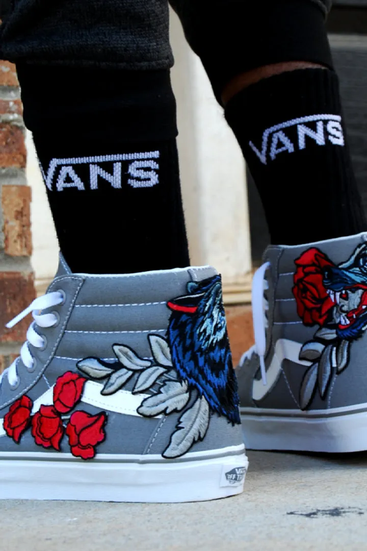 Custom Embroidered Frost Grey Wolf Rose Vans Sneakers Shoes