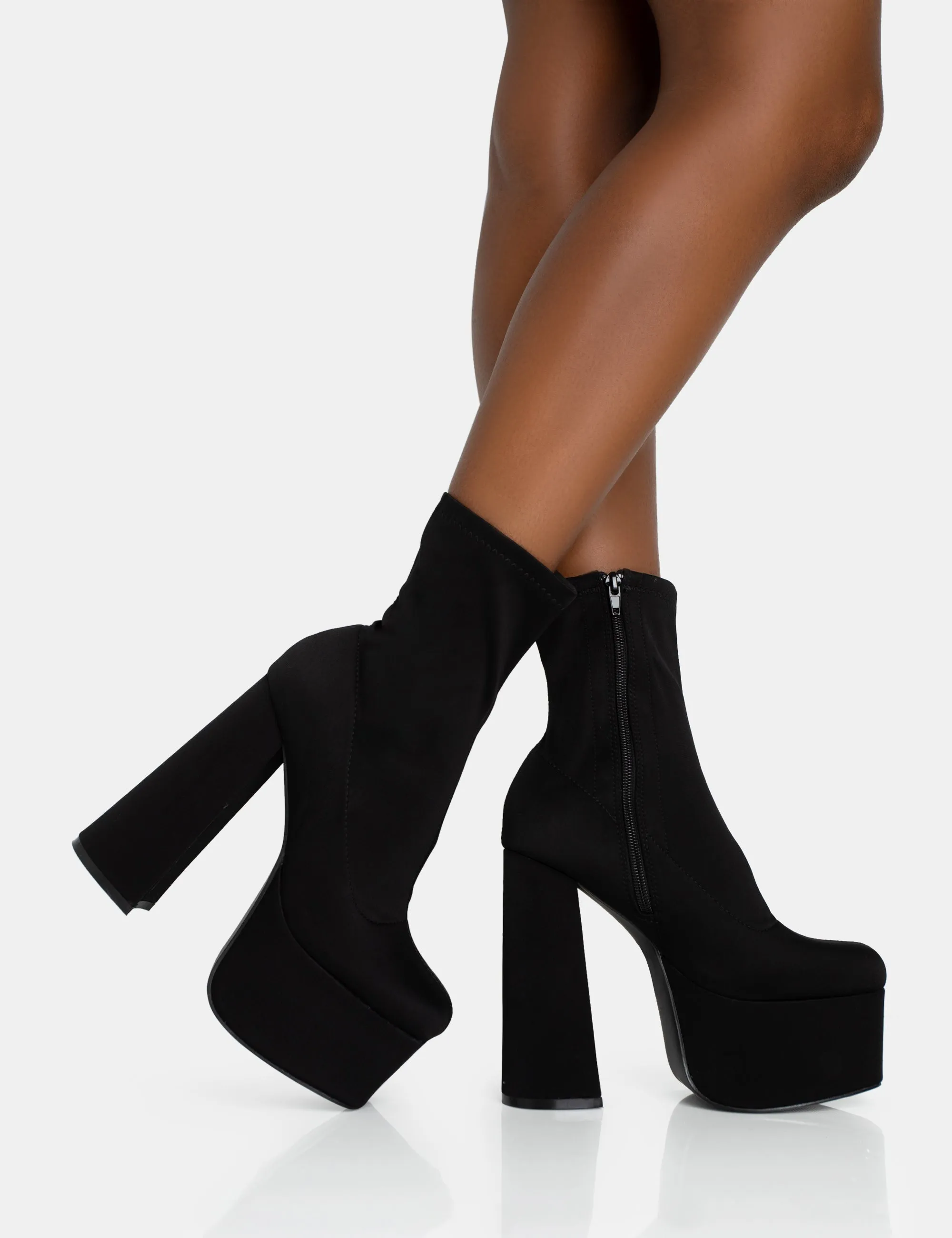 Dominate Black Nylon Platform Rounded Block Heeled Ankle Boots