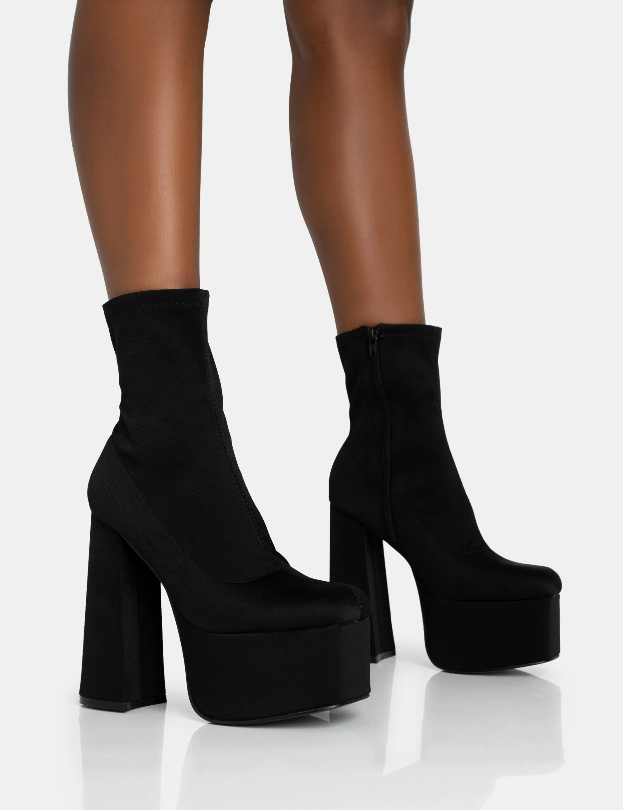 Dominate Black Nylon Platform Rounded Block Heeled Ankle Boots