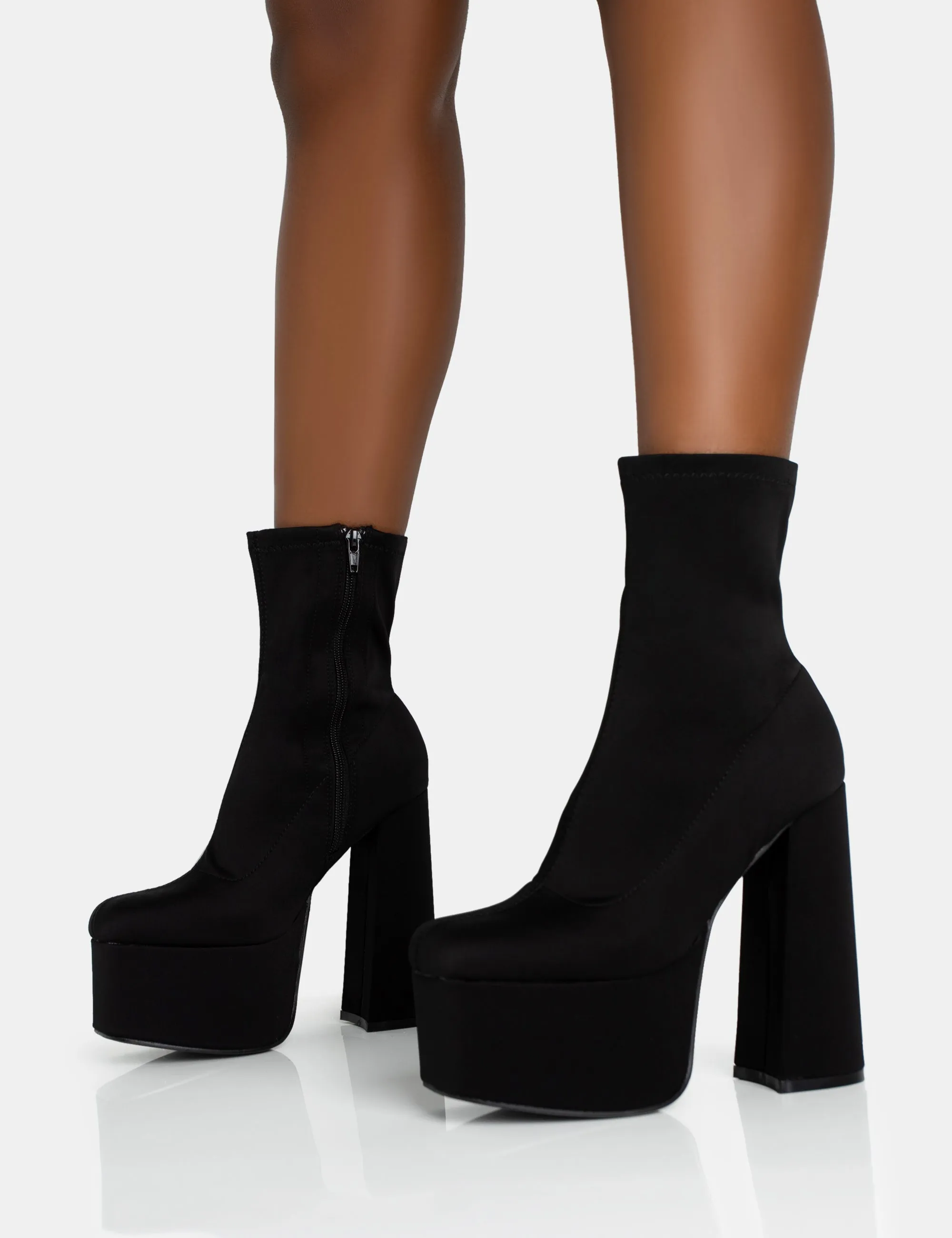 Dominate Black Nylon Platform Rounded Block Heeled Ankle Boots