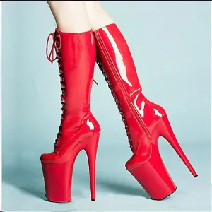 Glossy Red Platform Heel Ladies Boots with Lace-up Front