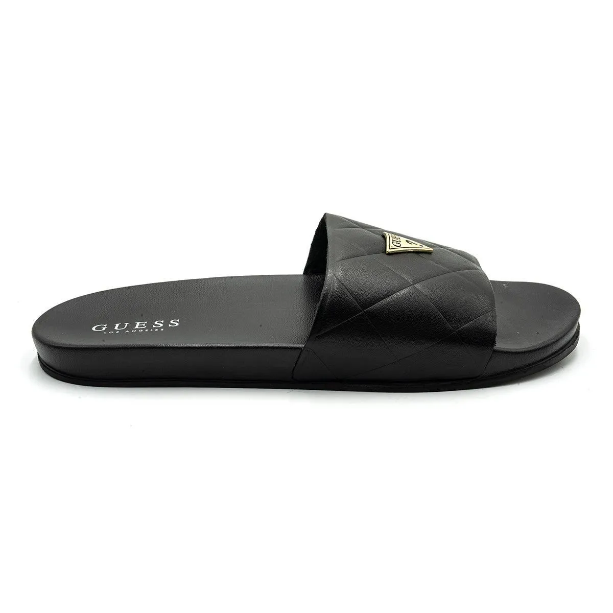 Guess Gold Triangle Logo Sliders Leather Black Colour For Women