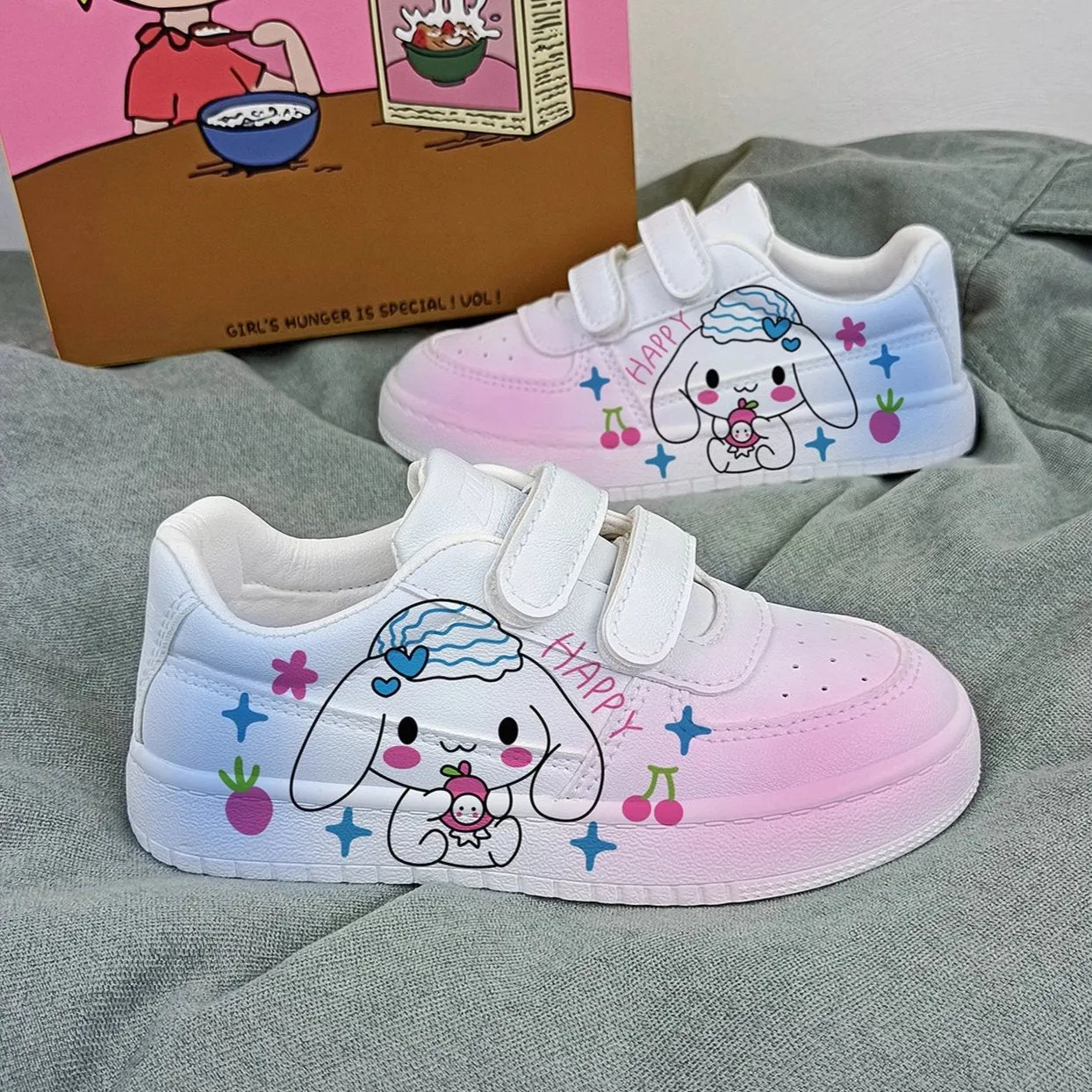 “HAPPY” Cartoon Print Student Sneakers Kids Size with Velcro Fastener