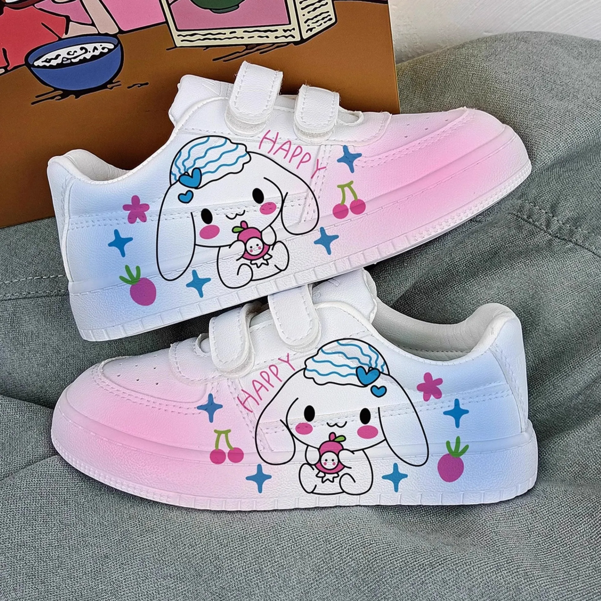 “HAPPY” Cartoon Print Student Sneakers Kids Size with Velcro Fastener