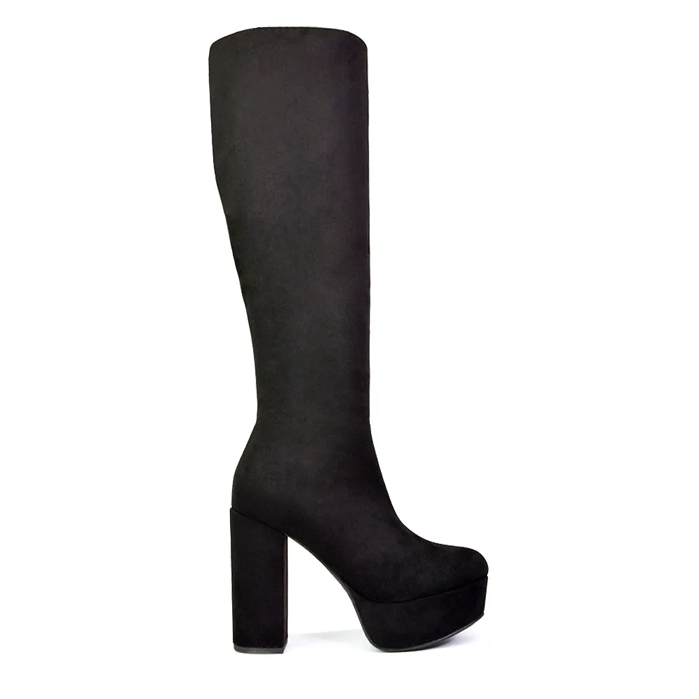 Nash Platform Knee High Boots With Chunky Block High Heel In Black Synethetic Leather