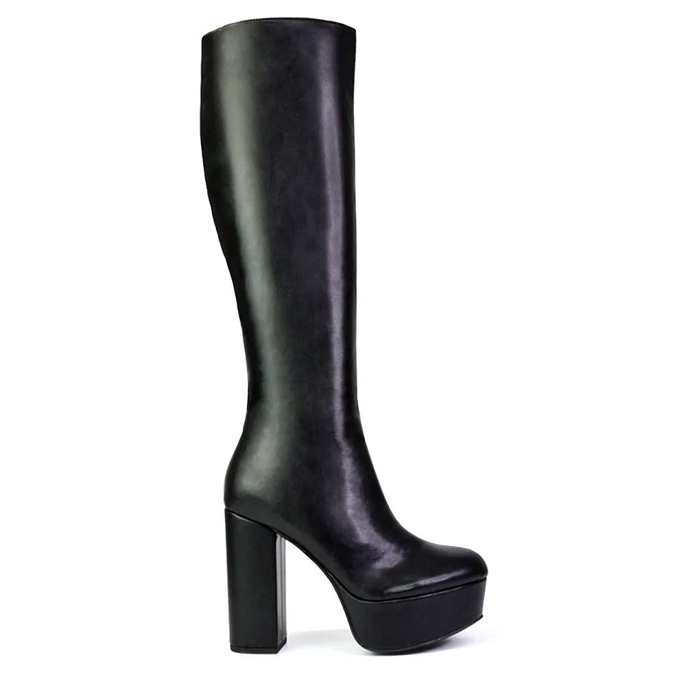 Nash Platform Knee High Boots With Chunky Block High Heel In Black Synethetic Leather