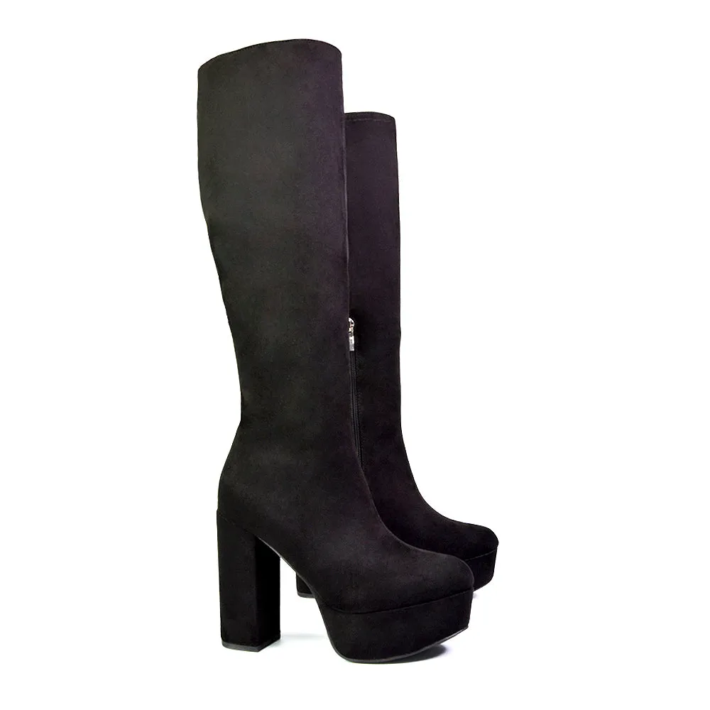 Nash Platform Knee High Boots With Chunky Block High Heel In Black Synethetic Leather