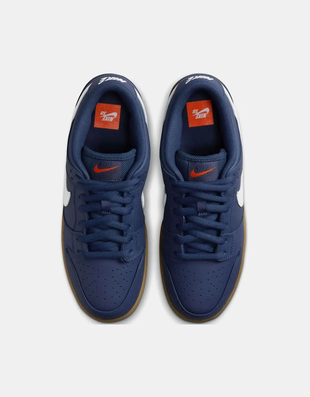 Nike SB Dunk Low Pro ISO Skate Shoes - Navy/White-Navy-Gum Lt Brown-Midnight Navy-Safety Orange