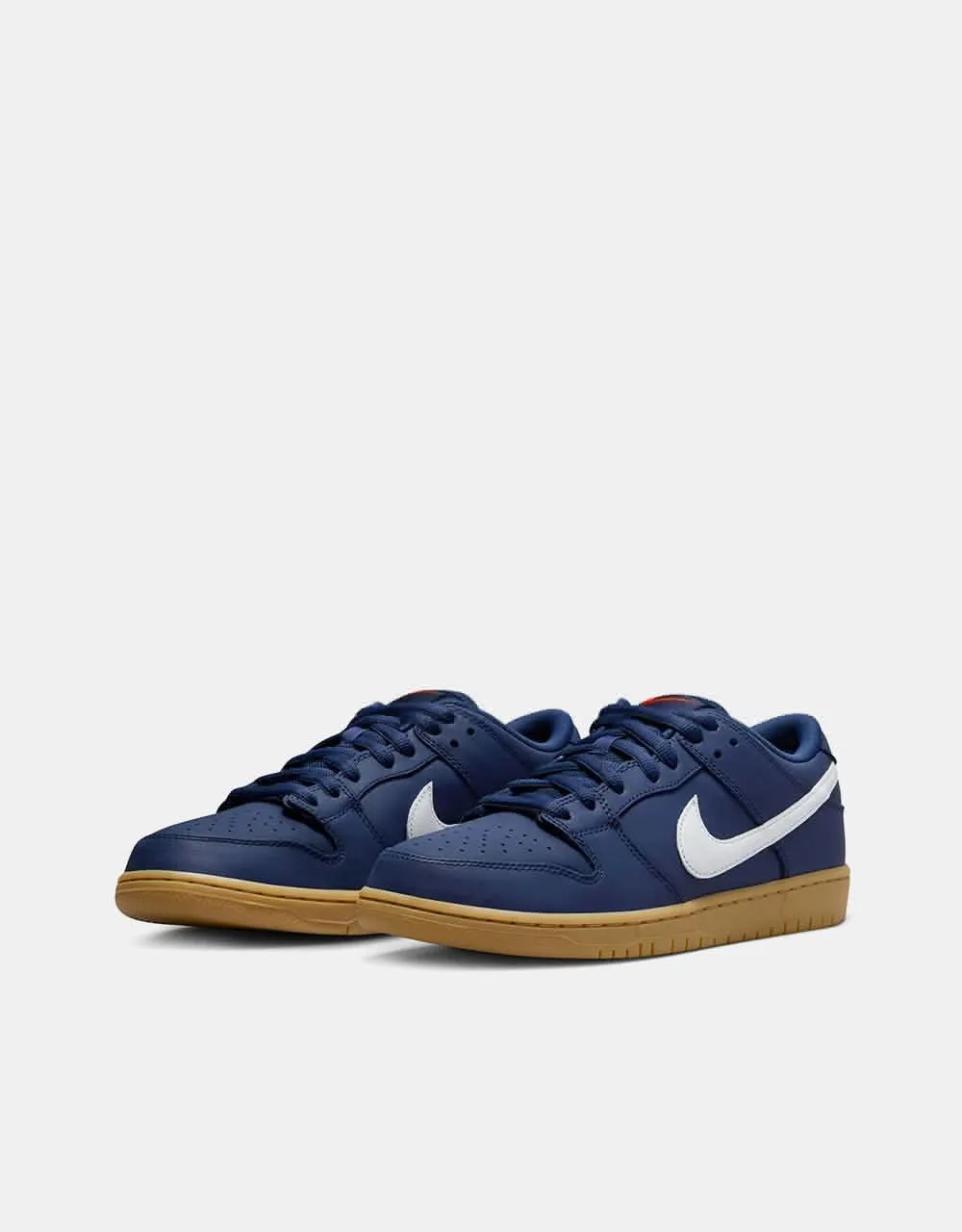 Nike SB Dunk Low Pro ISO Skate Shoes - Navy/White-Navy-Gum Lt Brown-Midnight Navy-Safety Orange