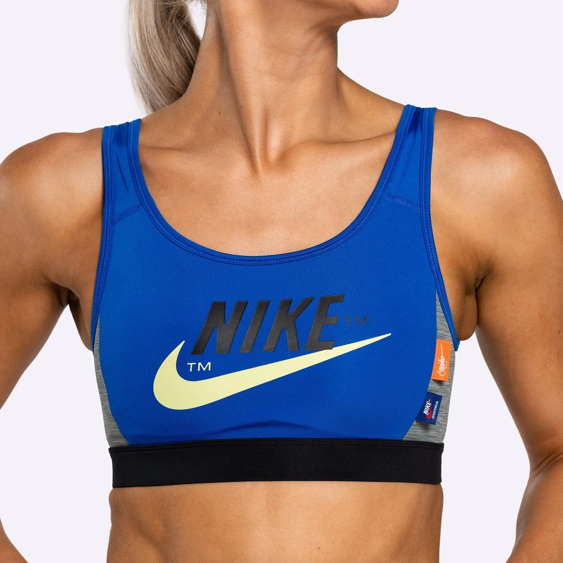 Nike - Swoosh Icon Clash Women's Medium-Support Sports Bra - GAME ROYAL/BLACK/SMOKE GREY/LIMELIGHT