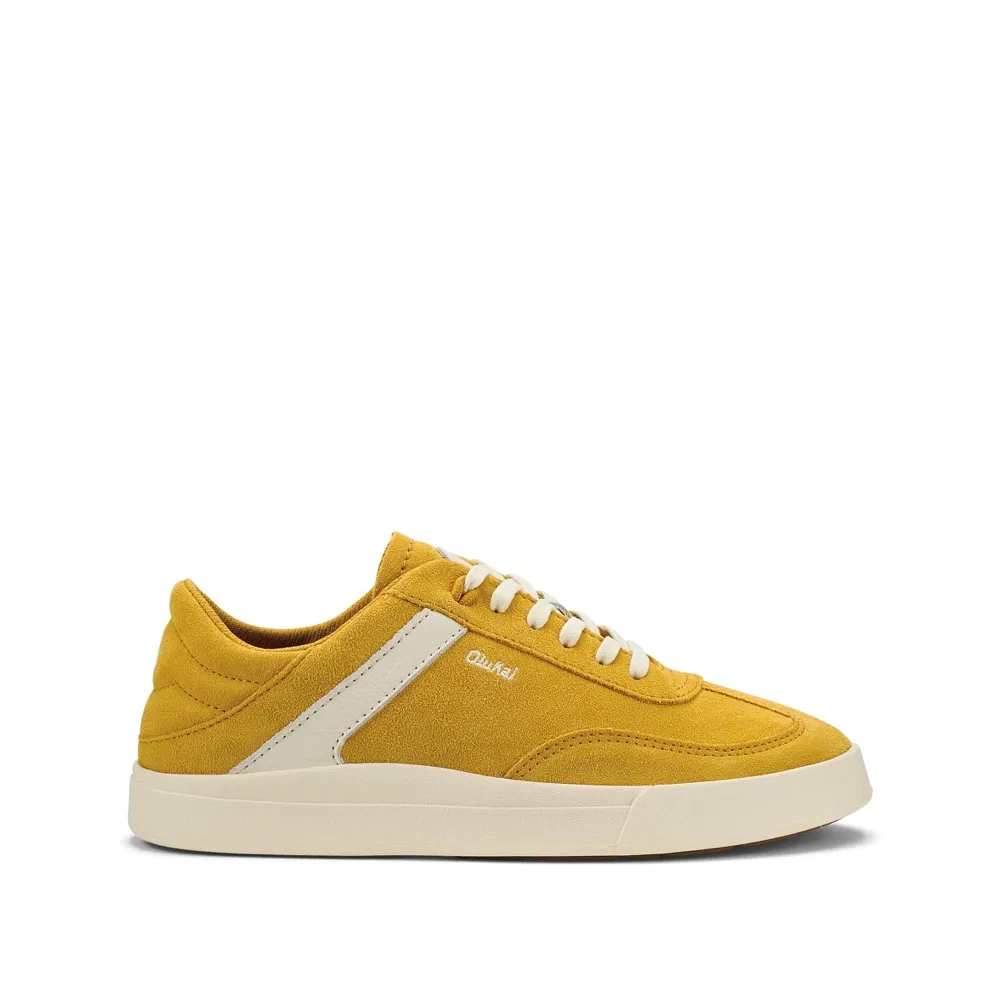 OluKai Women's Hā‘upu Leather Lace Sneaker in Mustard/Off White