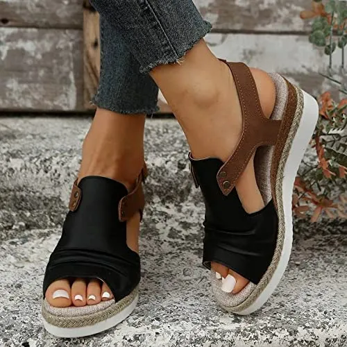 Orthopedic Platform Wedge Sandals for Women Summer Dressy Flat 2023 Open Toe Ankle Strap Espadrilles Sandals Casual Strappy Slip on Sandals Beach Boho Sandals Comfortable Outdoor Shoes (Black #2, 9)