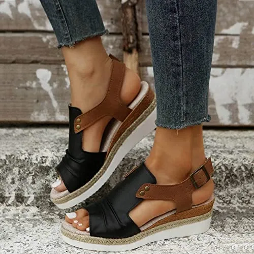 Orthopedic Platform Wedge Sandals for Women Summer Dressy Flat 2023 Open Toe Ankle Strap Espadrilles Sandals Casual Strappy Slip on Sandals Beach Boho Sandals Comfortable Outdoor Shoes (Black #2, 9)