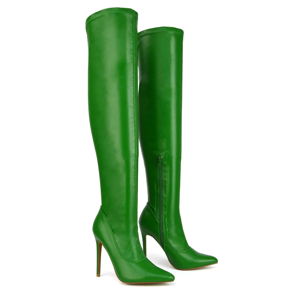 PIPER OVER THE KNEE ZIP UP THIGH HIGH STILETTO HEELED BOOTS IN GREEN SYNTHETIC LEATHER