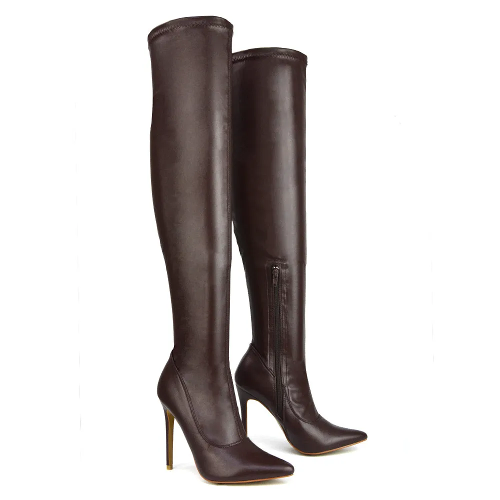 PIPER OVER THE KNEE ZIP UP THIGH HIGH STILETTO HEELED BOOTS IN GREEN SYNTHETIC LEATHER