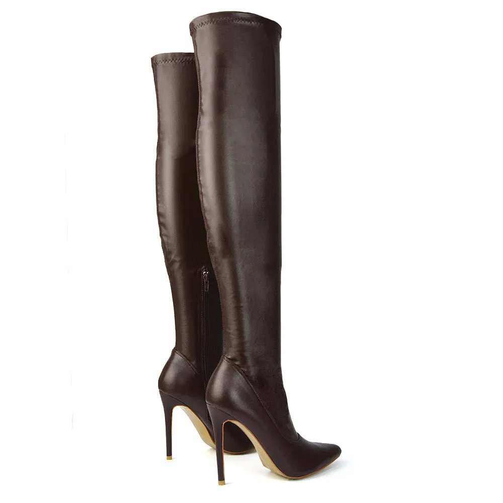 PIPER OVER THE KNEE ZIP UP THIGH HIGH STILETTO HEELED BOOTS IN GREEN SYNTHETIC LEATHER