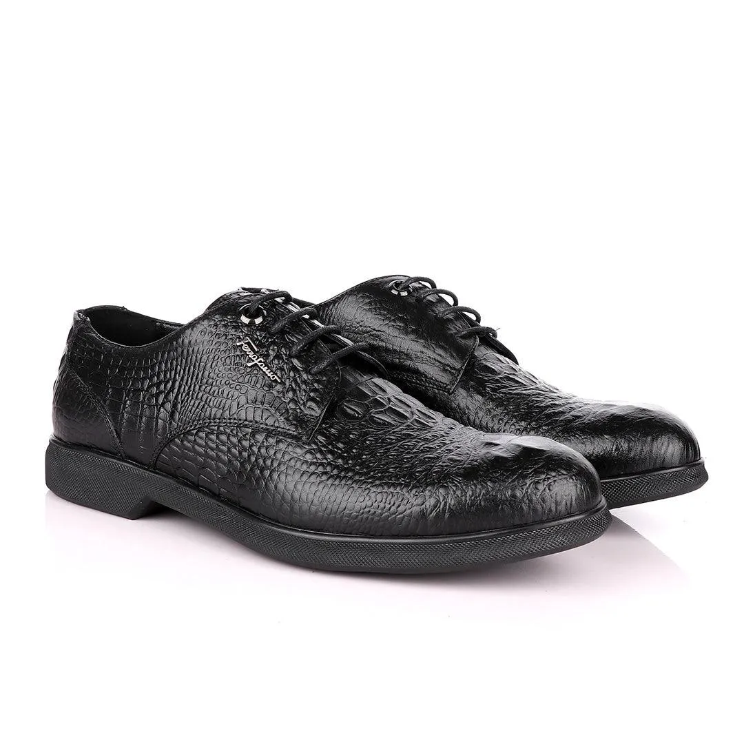 Salvatore Ferragamo Black Crocodile Leather Derby Laced Shoe