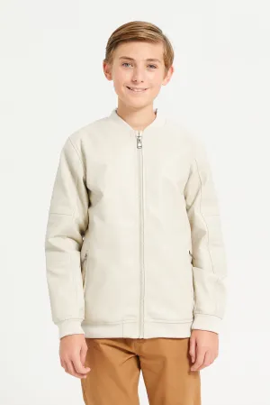 Senior Boys Beige Plain Leather Jacket