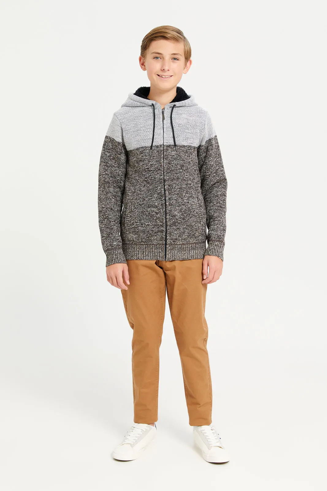 Senior Boys Grey Cut And Sew Stripe Hoody Cardigan