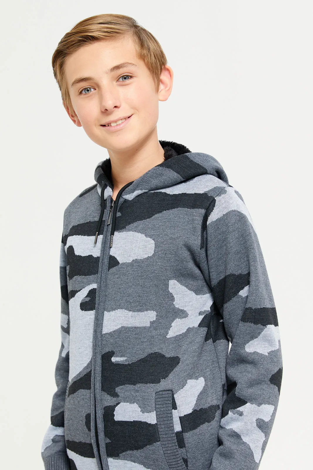 Senior Boys Grey Hooded Camo Cardigan