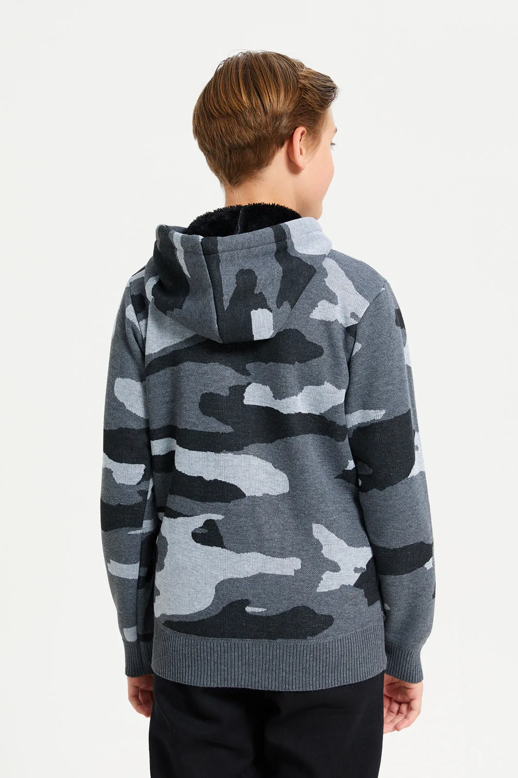 Senior Boys Grey Hooded Camo Cardigan