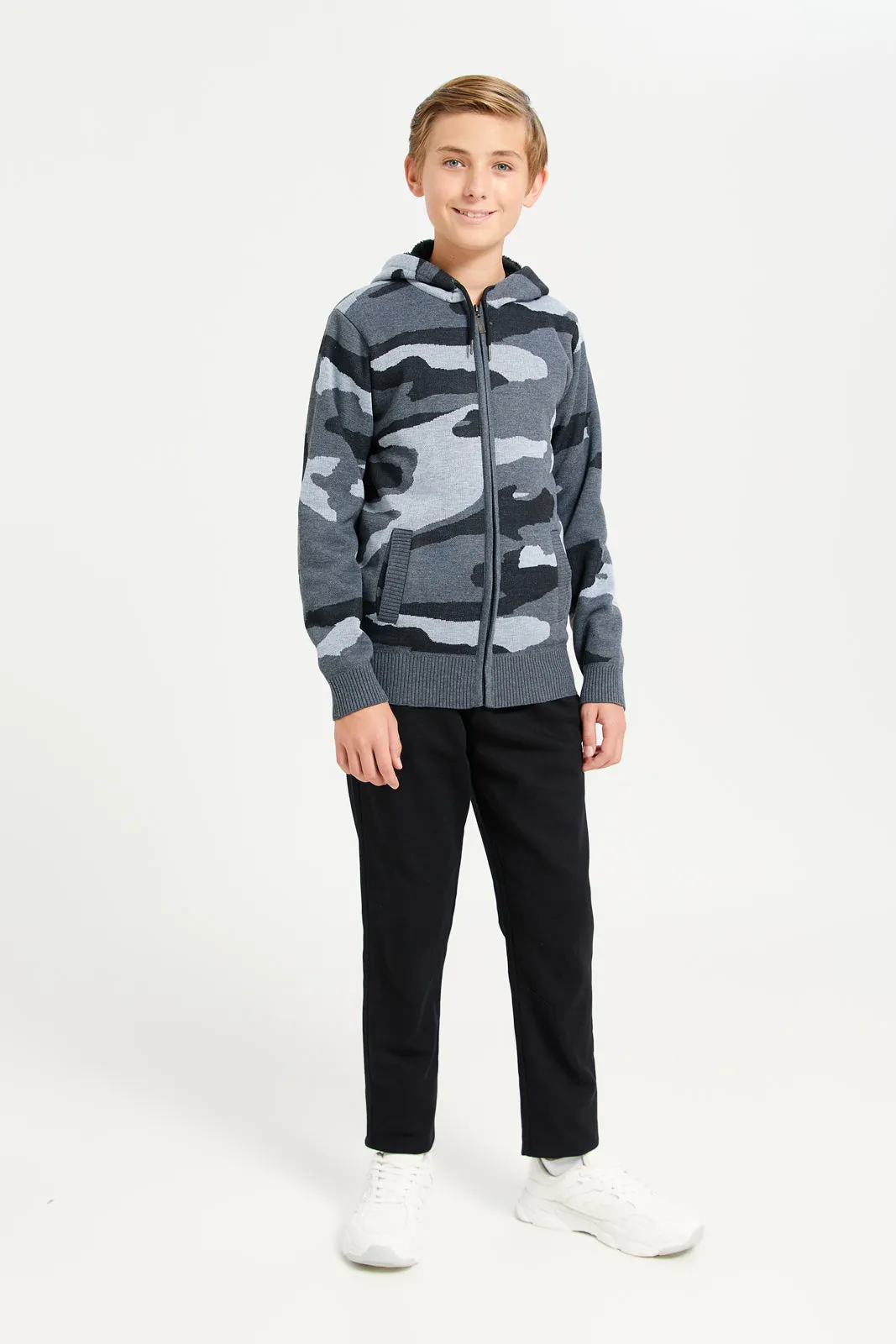 Senior Boys Grey Hooded Camo Cardigan